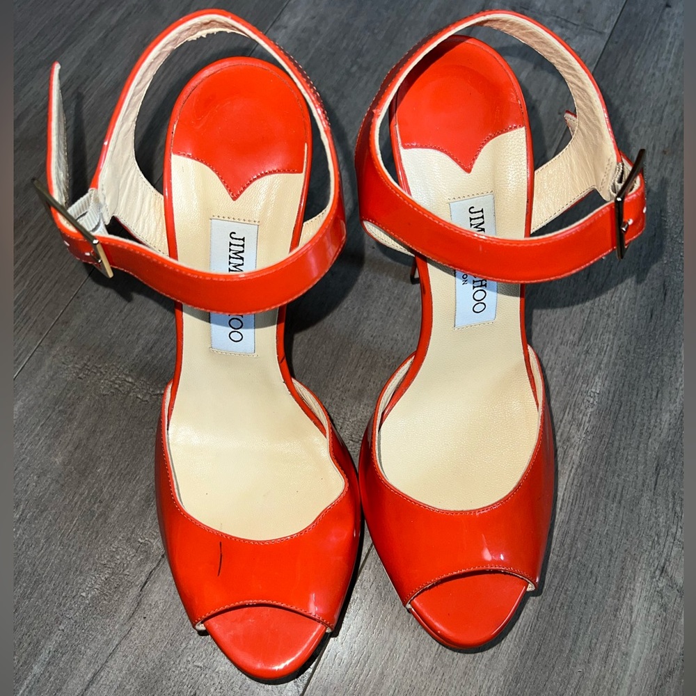 Jimmy Choo Linda Ankle-Wrap Patent Platform Sandal, Tangerine - Picture 3 of 10